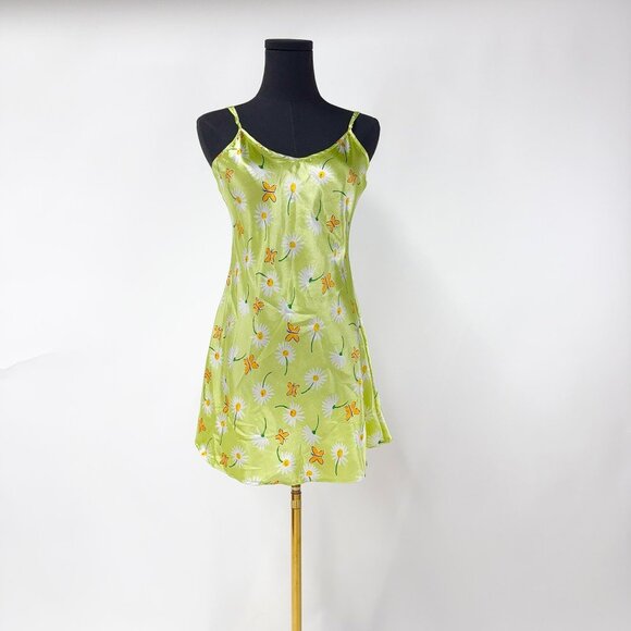 FLORAL SATIN GREEN DRESS SUMMER MINI DRESS - Picture 1 of 9